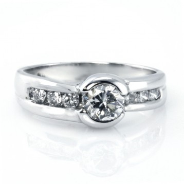 Round Cut Bezel Set Diamond Engagement Ring,14K White Gold 